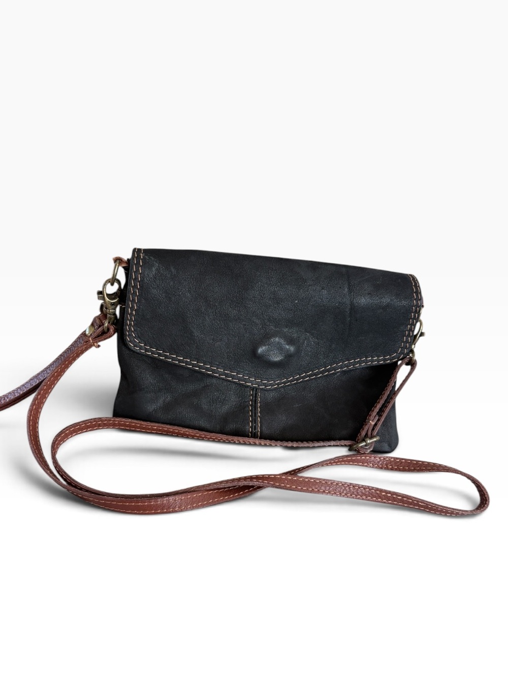 100% Toscana Black w/ Brown Trim Leather Crossbody Shoulder Bag Made in Italy